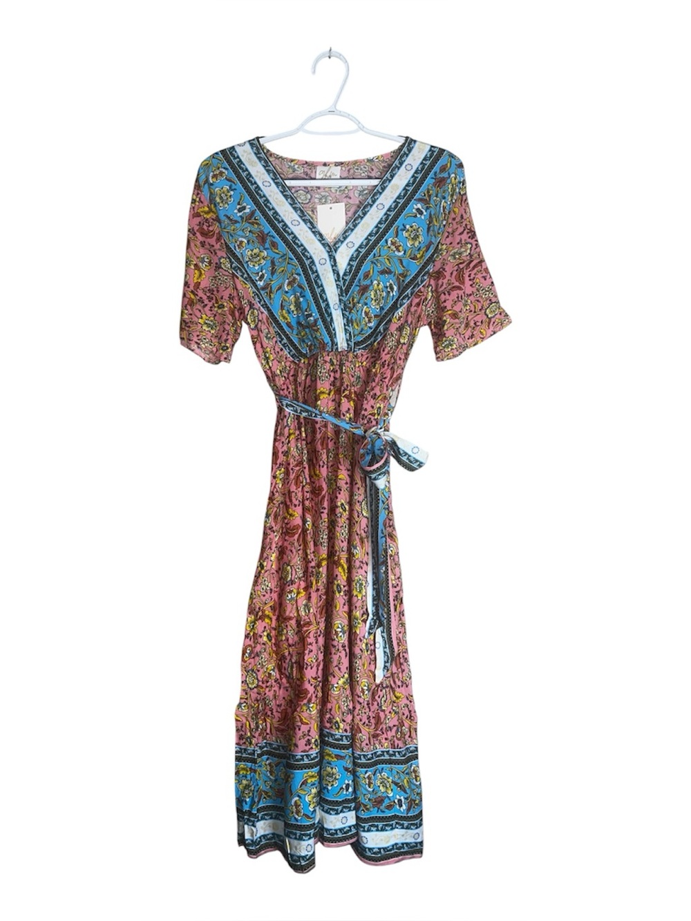 GLM Pink Blue V-Neck Tie Waist Boho Midi Dress NWT Sz M